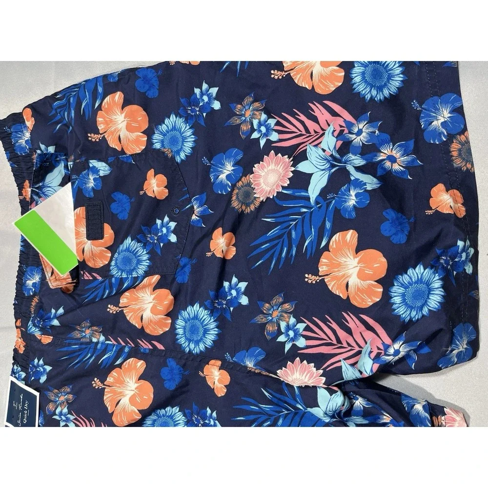 Clubroom Swimming Trunks, Quick Dry 7 Men's Blue With Flower Pattern Size XXL